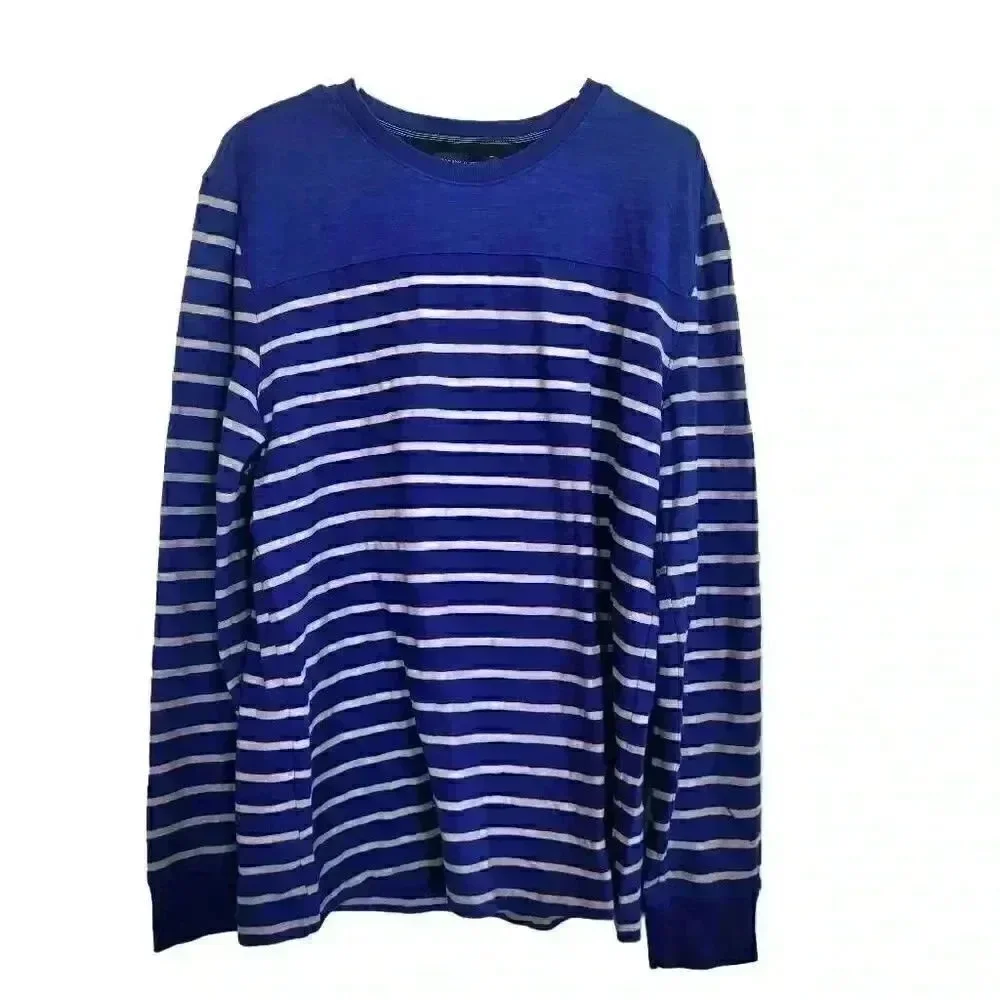 Banana Republic Men's Blue & Gray Cotton Striped Crewneck Long Sleeve T-Shirt
